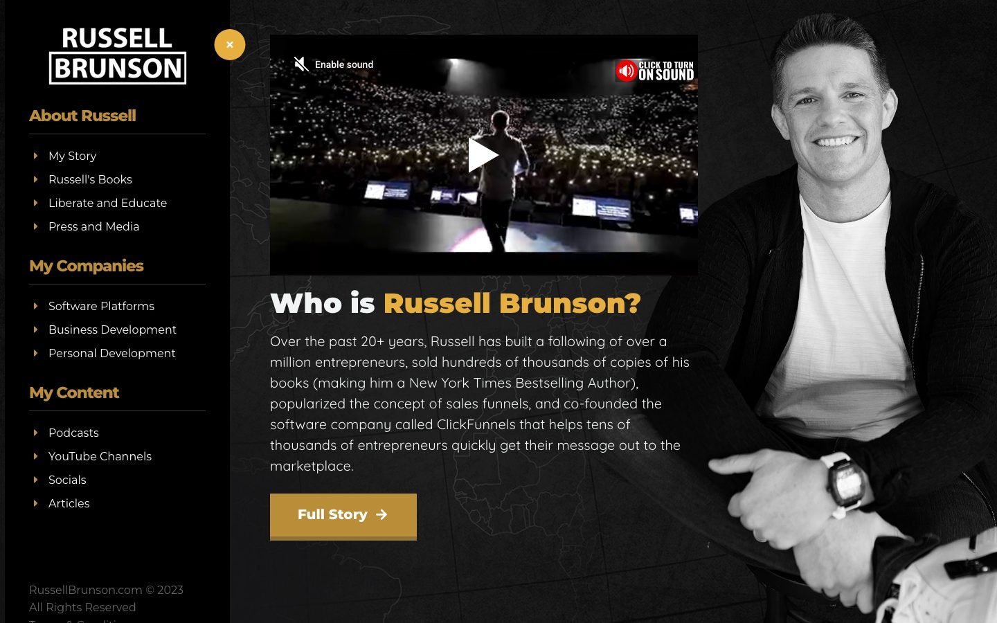 Russell Brunson official site showing his public positioning and published track record