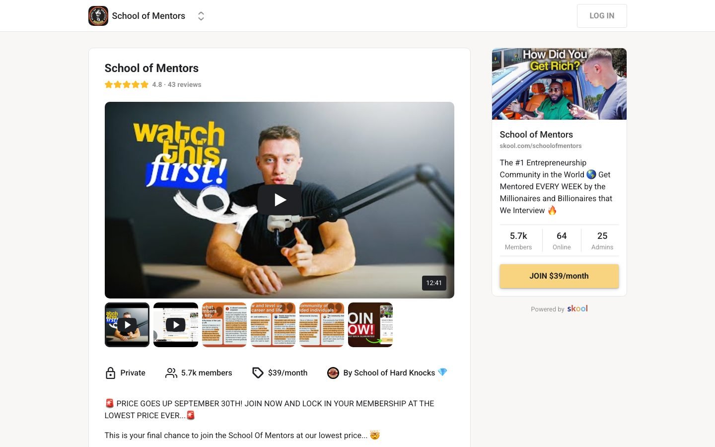 School of Mentors Skool page showing 5.7k members at $39 per month with a 4.8 rating from 43 reviews