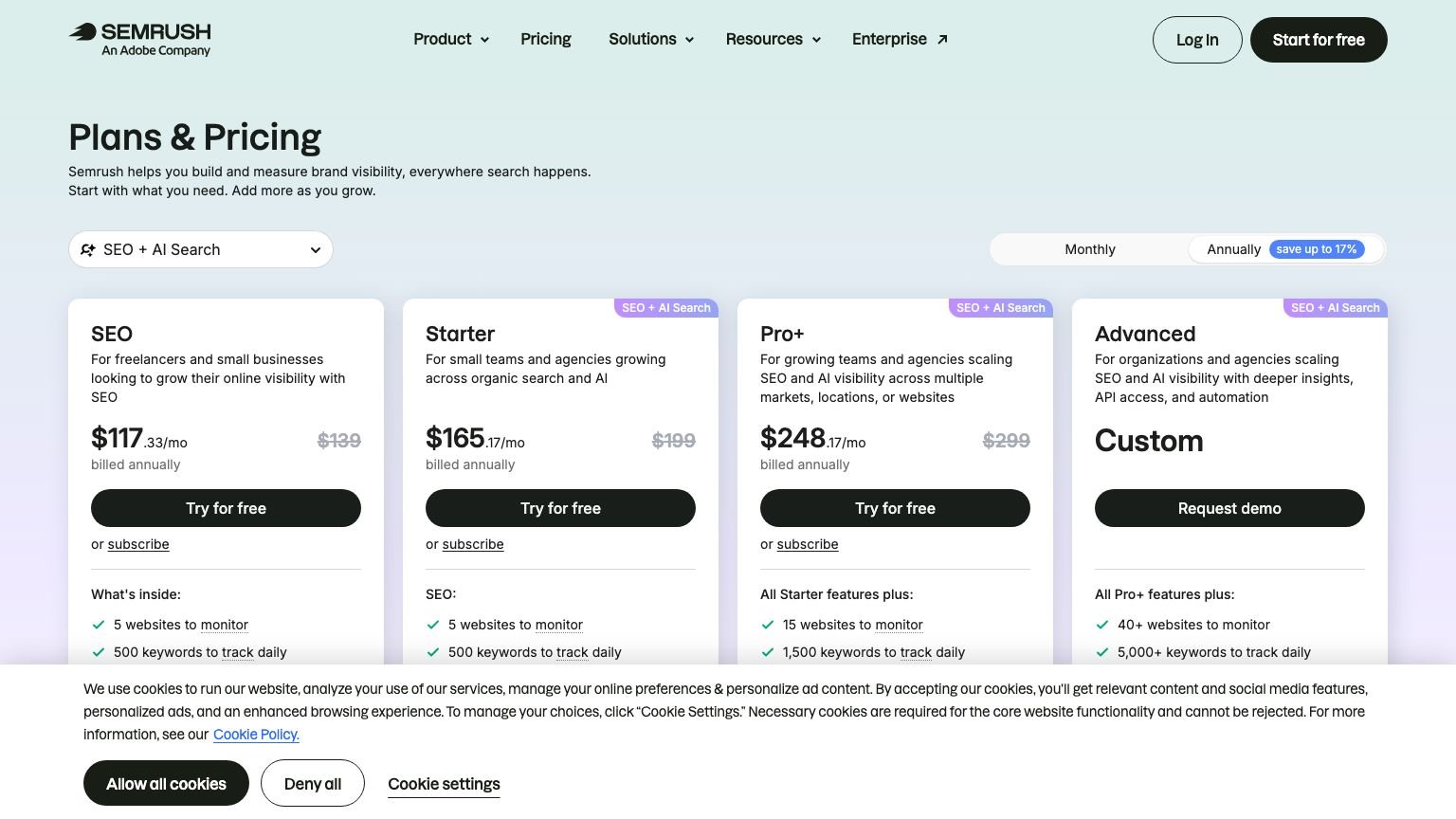 Semrush pricing page in October 2026 listing the SEO, Starter and Pro+ plans