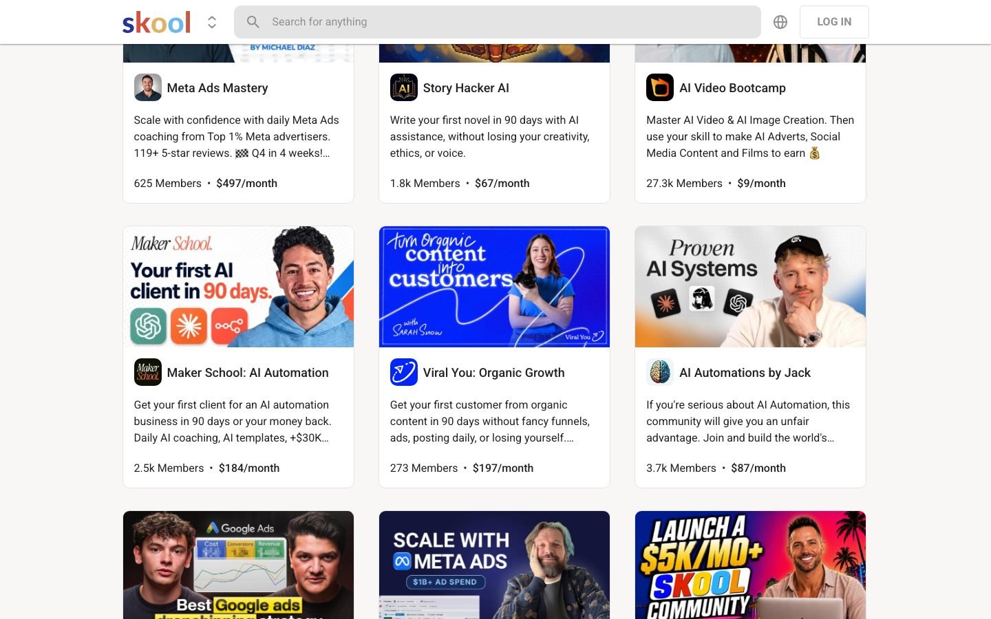 Skool discovery listing showing the breadth of live communities on the platform