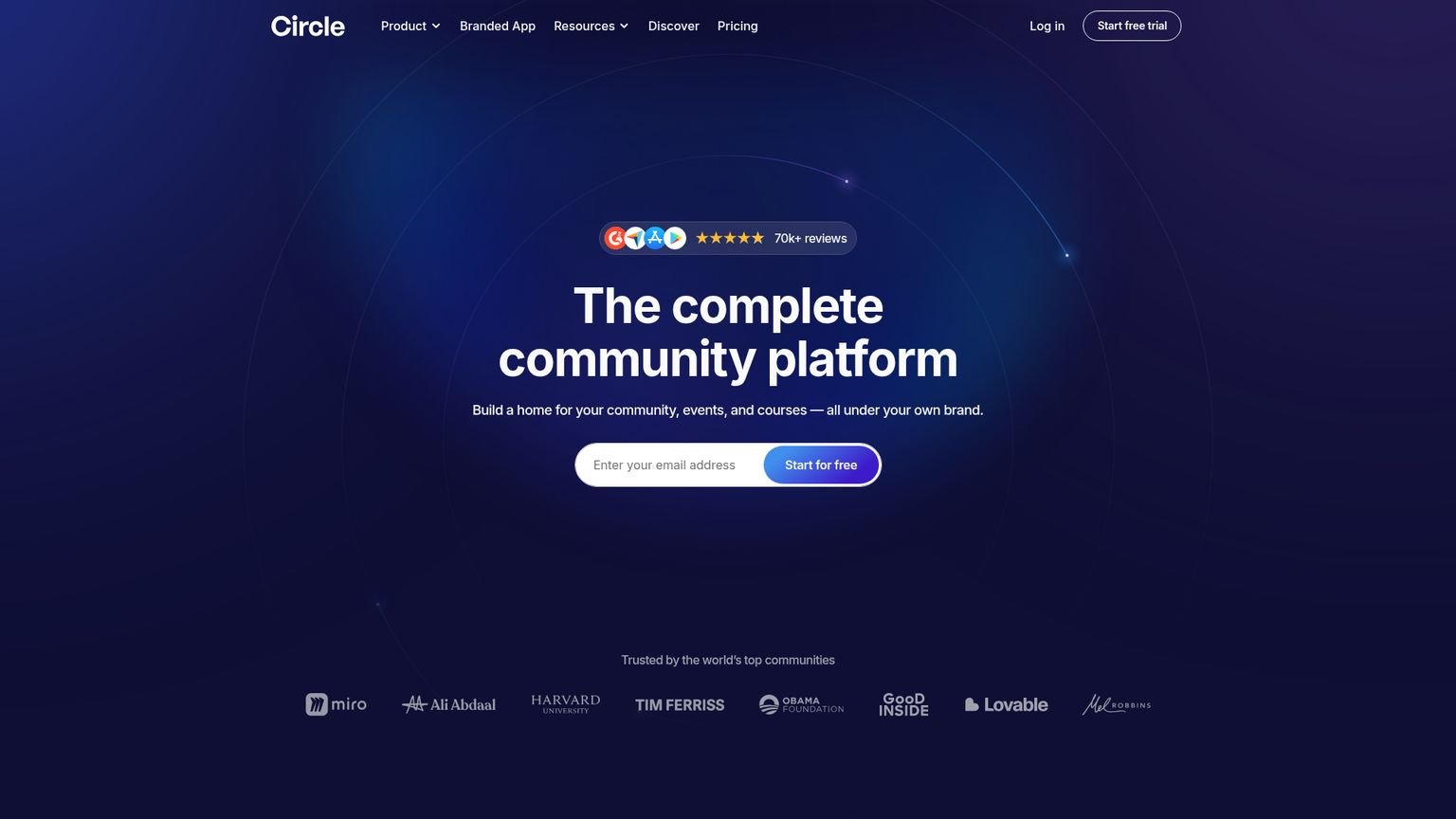 Circle homepage showing community platform features and professional branding options