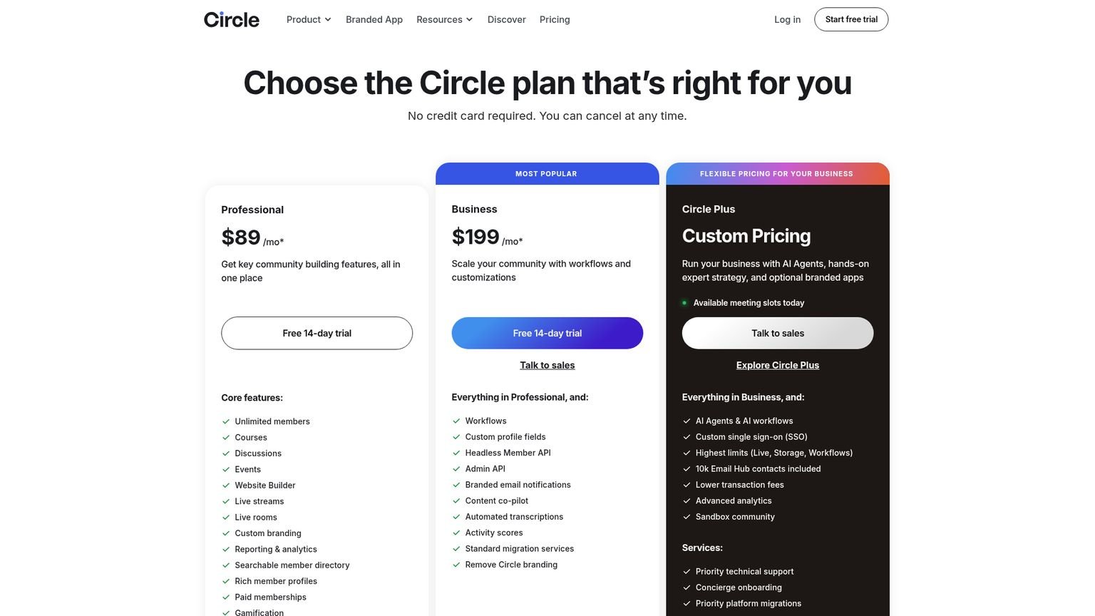 Circle pricing page showing Professional, Business, and Enterprise plan options