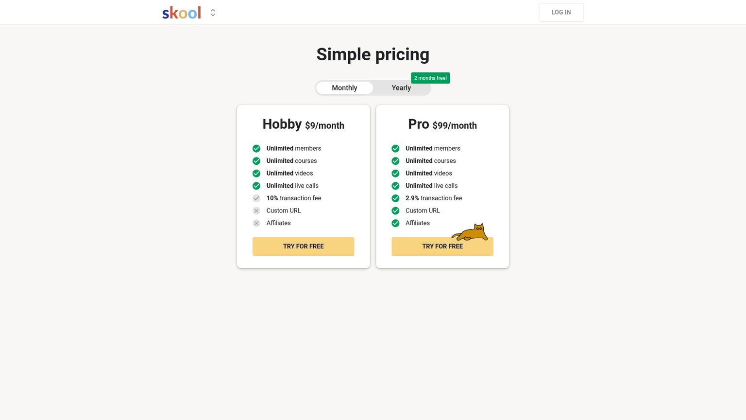 Skool pricing page showing Hobby and Pro plan options with transaction fees