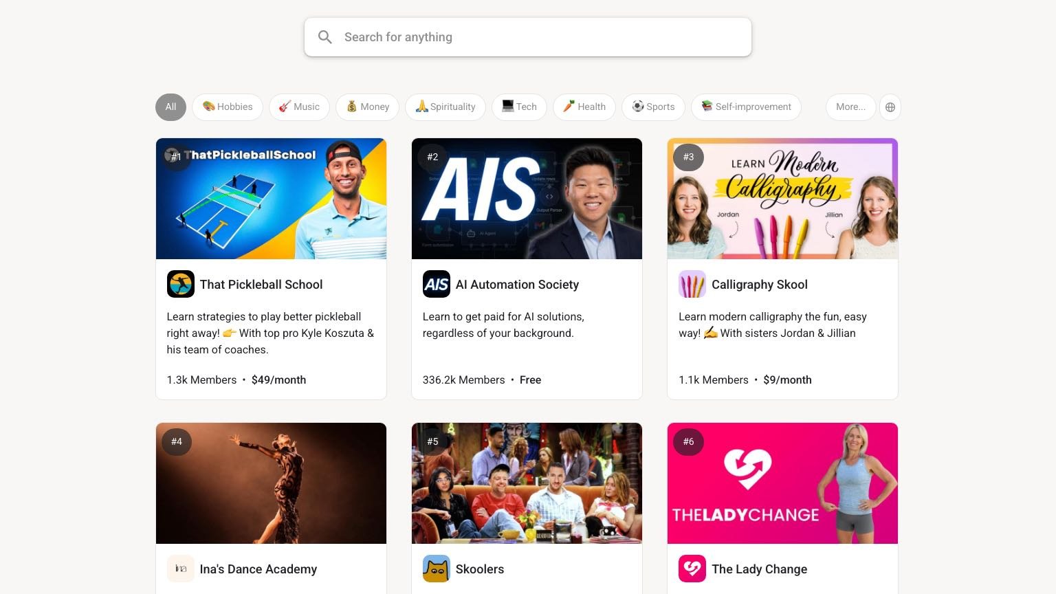 Skool marketplace showing active communities