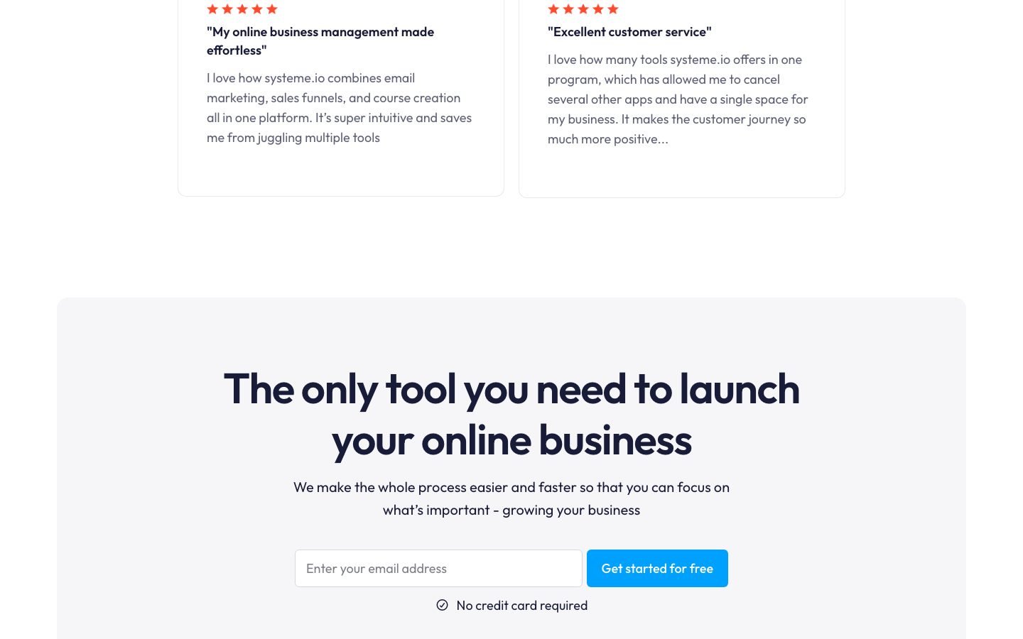 Systeme.io feature overview showing the funnel builder and included tools