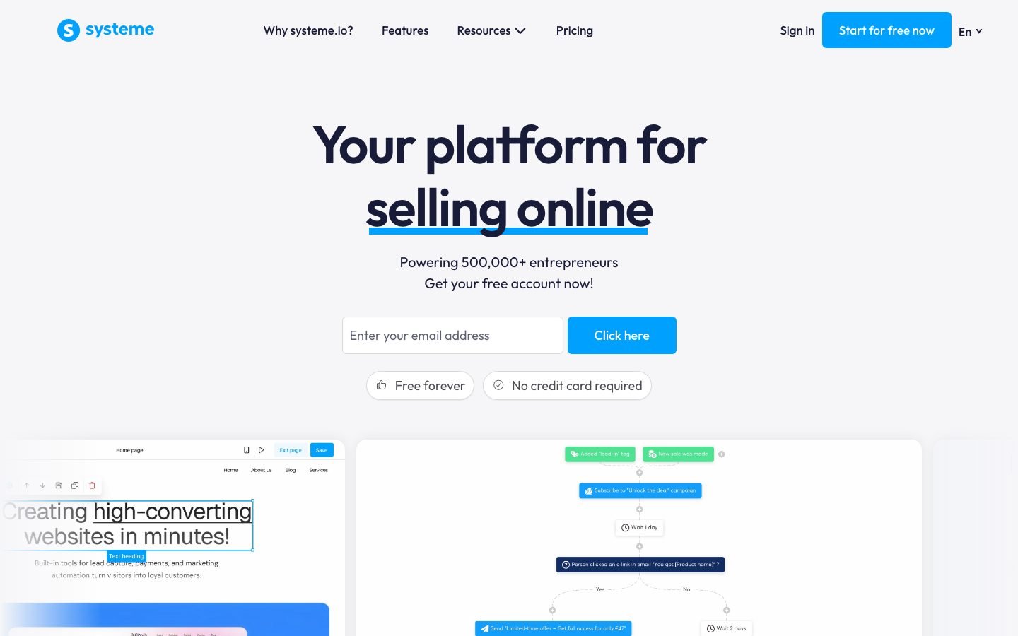 Systeme.io homepage showing the all-in-one funnel platform positioning