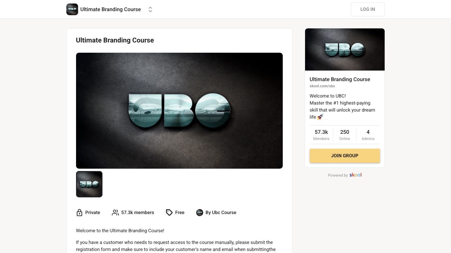 Ultimate Branding Course community page on Skool showing member engagement and module list