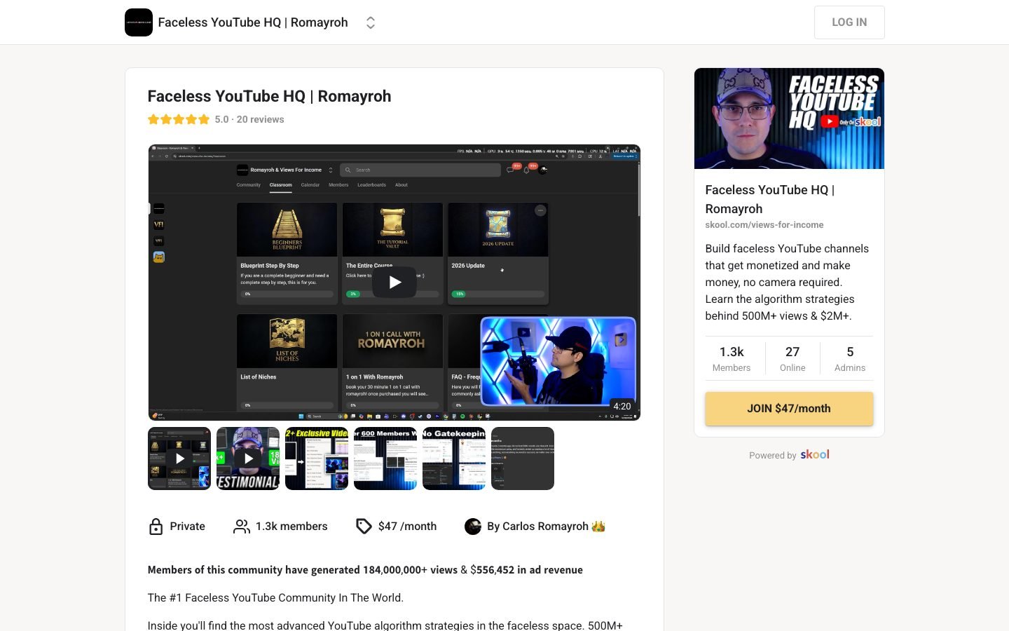 Skool page for Views for Income, now operating as Faceless YouTube HQ, showing 1.3k members at $49 per month under Carlos Romayroh