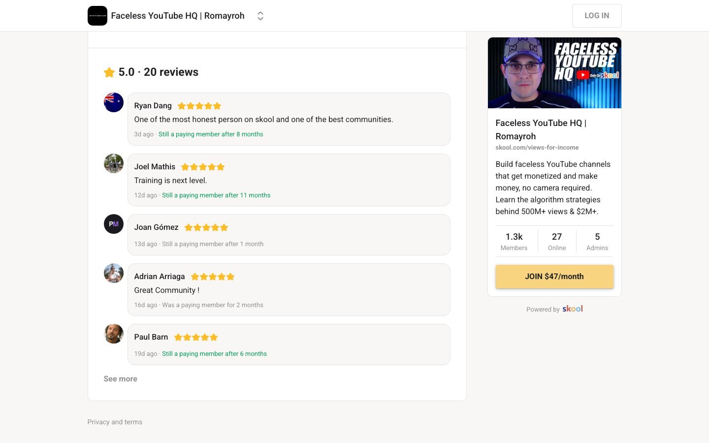 Faceless YouTube HQ community detail showing member count and 5.0 rating from 21 reviews