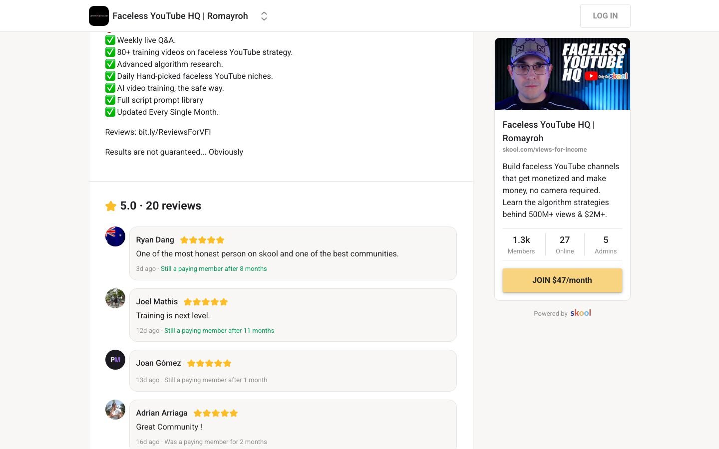 Faceless YouTube HQ what-you-get section listing the included training and member benefits